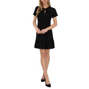 CeCe Women's Pintucked Tie-Neck Short-Sleeve Dress Black Size 6